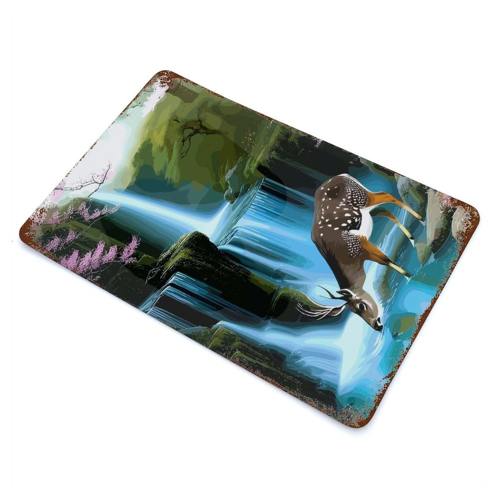 Rust Effect Deer Drinking Water near Waterfall Aged Metal Wall Plaque 11.8"x7.9", Shabby Chic Decor for Basement, Hobby Room And Garage Decor