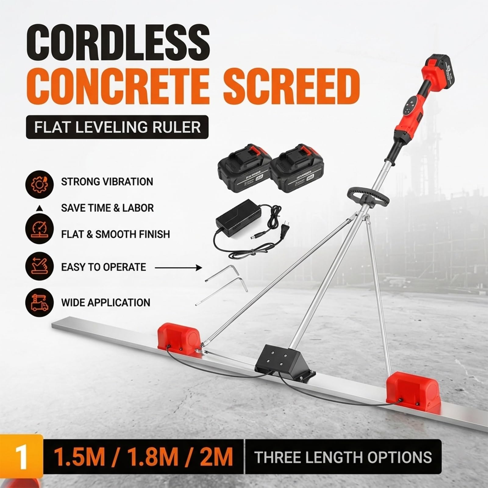 Staggia Vibrante Professionale per Cemento, Motori Brushless Doppi 48V, Barra in Acciaio Inox da 2M per Lisciatura di Superfici in Calcestruzzo e Massetti Edili(2M)
