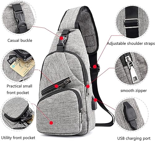Miniatura 3 de Bolso bandolera para mujeres y hombres, mochila deportiva, bolsas de hombro, bolsa de viaje, senderismo, bolsa de pecho de moda con USB, C-gris,