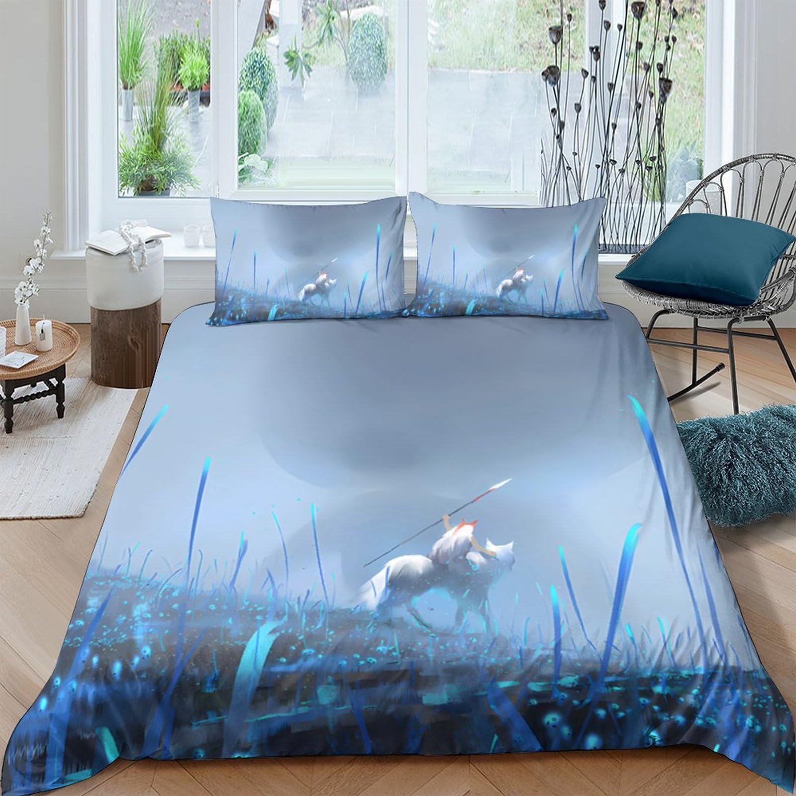 Ctjqhvkz Style-2 3D Printed Misty Blue Forest Fitted Sheet Microfiber Soft Breathable White Horse Bed Cover For Bedroom Dorm Decor Single（135X200cm）