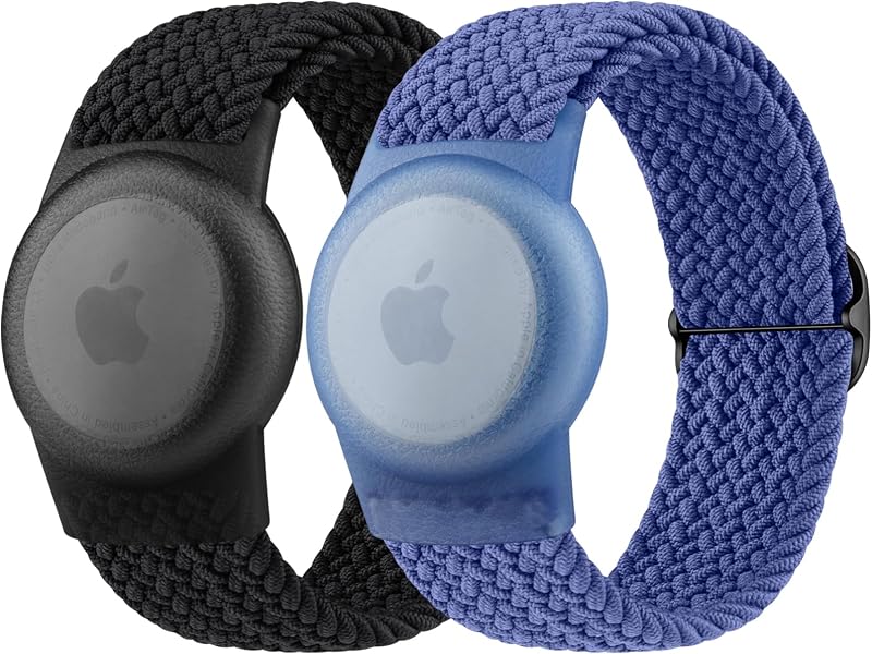 Pulseira Ajustável com Capa Protetora para Apple AirTag em Nylon Trançado Vanjua, Preto e Azul