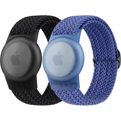 Vanjua Wristband for Apple AirTag, Protective Case Compatible with Air Tag GPS Tracker Holder with Braided Bracelet, Adjustable Anti Lost Watch Band for Toddler Child Elder (Black+Blue)