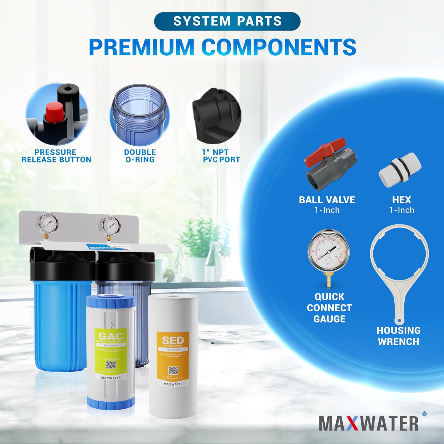 Max Water 2 Stage (Sediment, Odor & Improving Taste) Whole House (10 inch x 4.5 inch), Water Filtration System with Double O Ring Housing - Sediment + GAC - 1" NPTF PVC Port Inlet WD-WHF21-BG