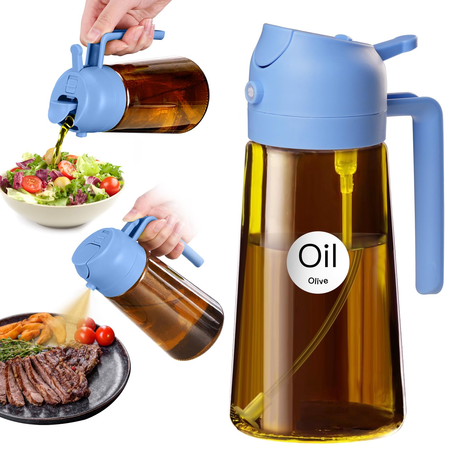 YARRAMATE 470 ml Light Blocking Dark Oil Sprayer for Cooking, 2-in-1 UV Protection Oil Atomiser for Kitchen, Amber Glass Oil Bottle, Food Safe Spray Bottle for BBQ (Sky Blue)
