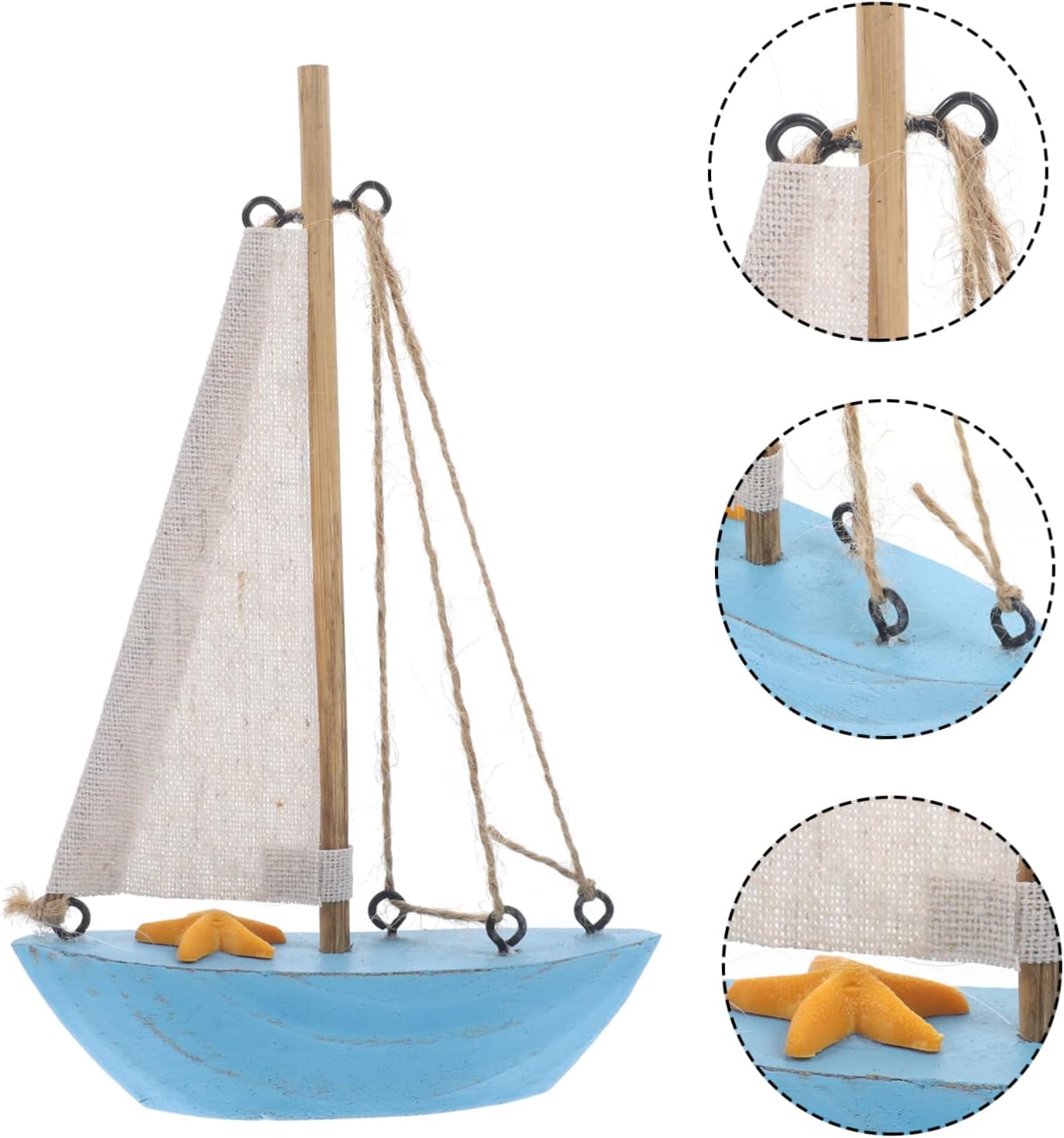 SHOWERORO Charming Nautical Sailboat Sculpture Vintage Style Wooden Boat Model for Desktop - Home - Bedroom or Office Decor Beach Themed with Rope Detailing