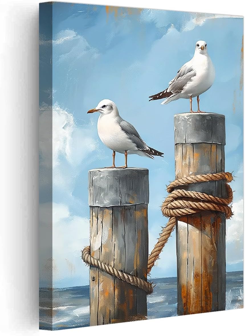 PBXBJY Coastal Wall Art Seaside Seagulls Canvas Prints Ocean Beach Bird Picture Rustic Nautical Painting Seascape Artwork for Bathroom Laundry Decor Framed (16.00" x 24.00")