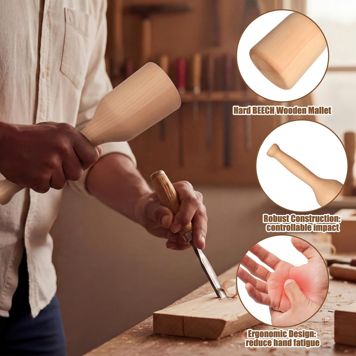 9.5'' Rock Maple Mallet 13 oz Hardness Wood Carving Mallet Hammer with 3'' Head Diameter Fine Texture Stable Striking for Woodworking Carving Chisels Ice Tools