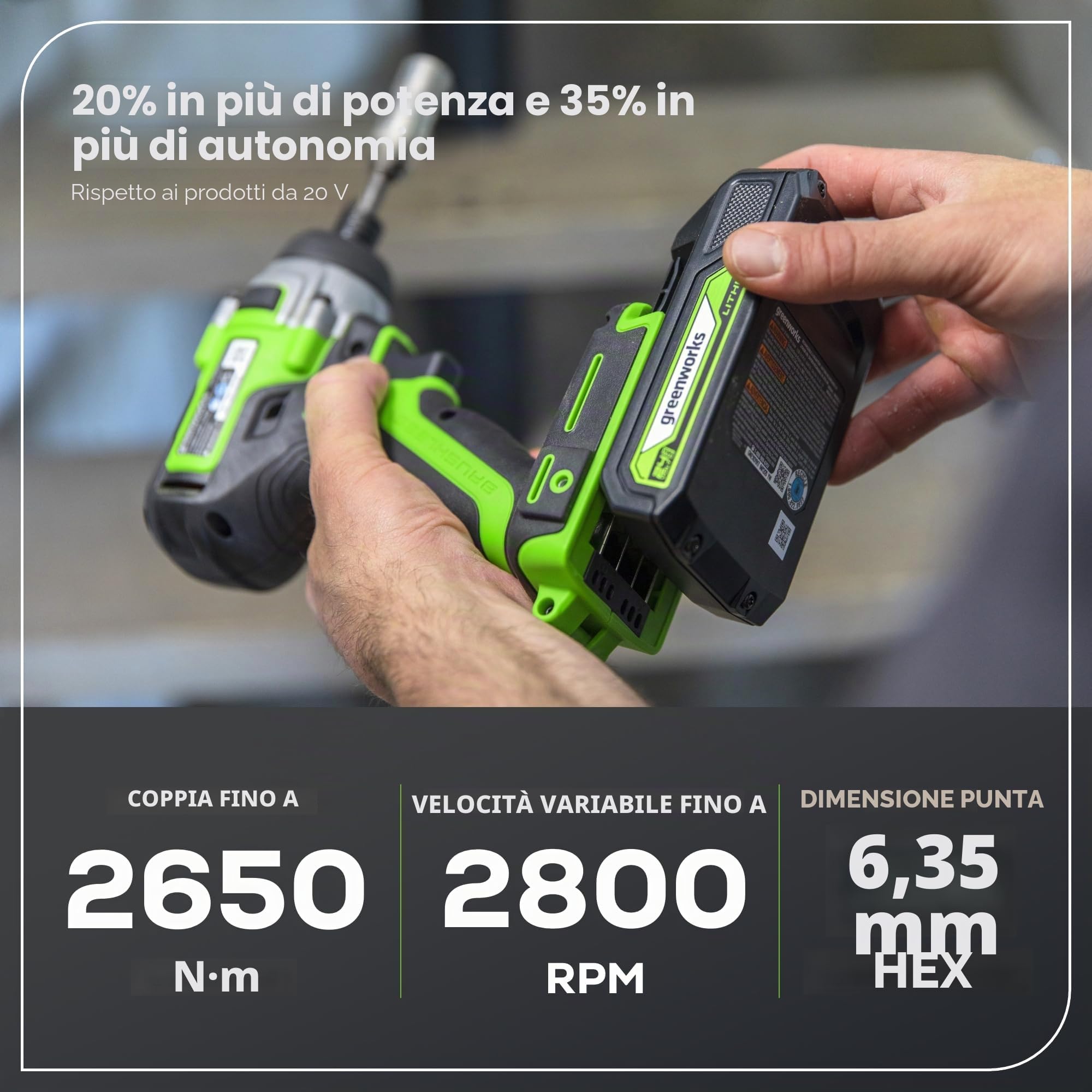 Greenworks Set di attrezzi a batteria da 24 V, trapano avvitatore a percussione 35 Nm, batteria da 2 Ah, caricabatterie