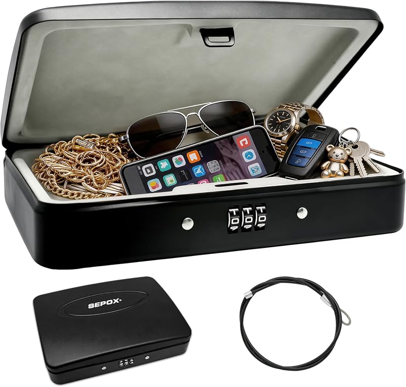 SEPOX® Portable Heavy Duty Steel Lock Box 8.1x5.7in 3ft Cable Combo Safe | For Travel Hotel Office Dorm Compact Steel Alloy Lock Box 3-Digit Code 3ft Steel Cable Secures Cash Passport Jewelry Small