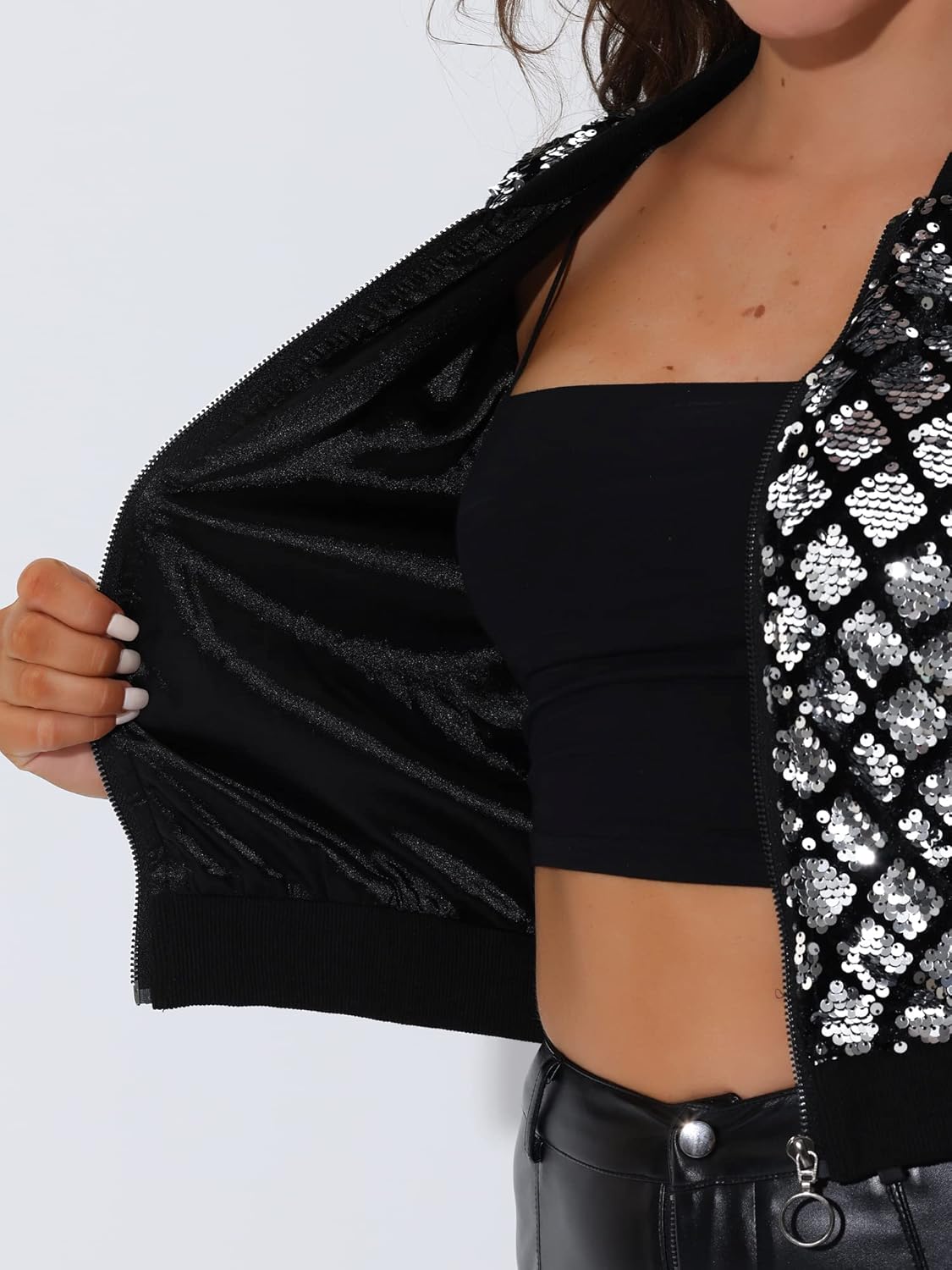 Allegra K Womens Sequin Bomber Jacket Christmas Long Sleeve Zip Up Cropped Shiny Party Sparkly Coat Small Silver - Image 5