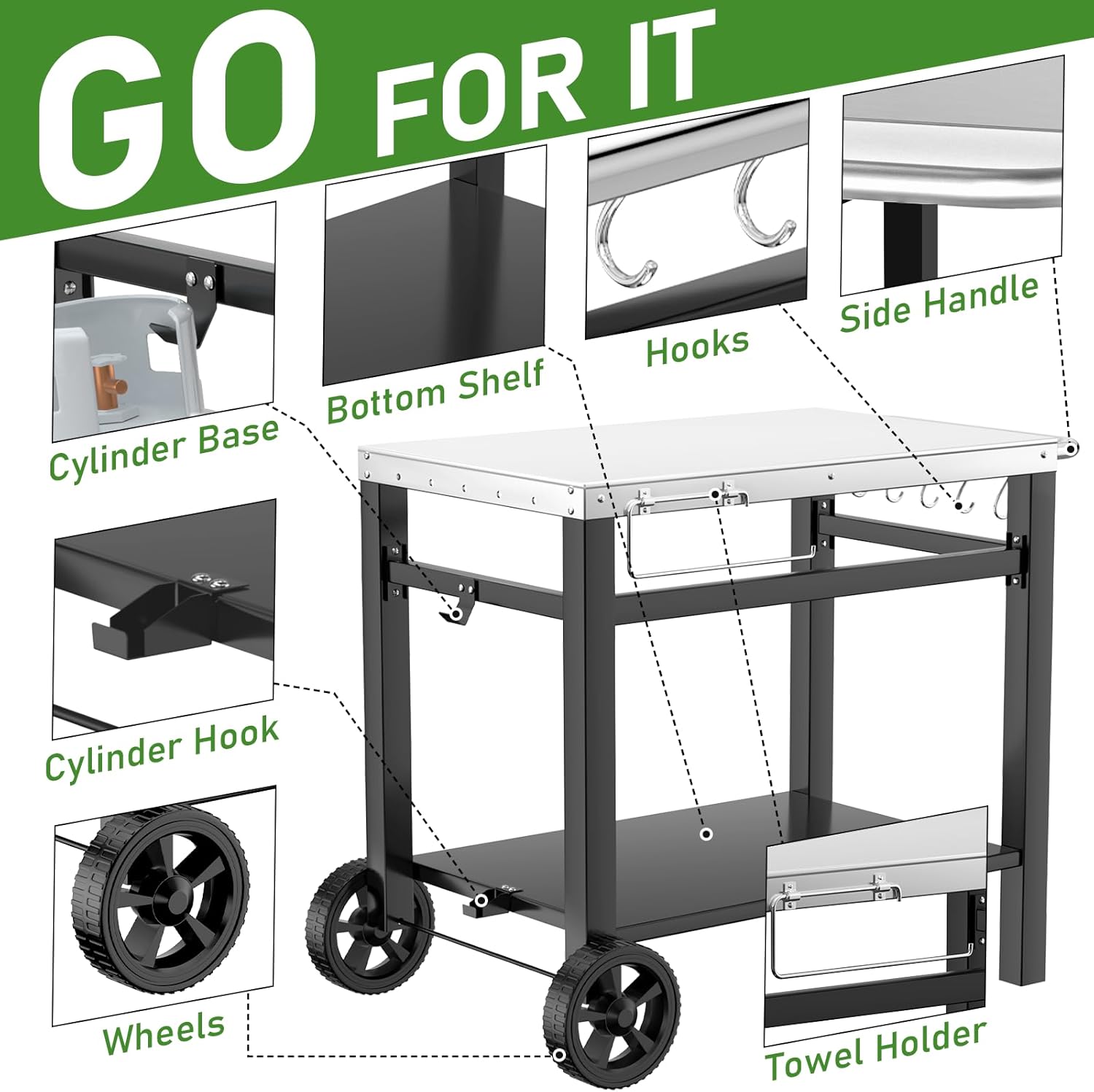 34x21IN Outdoor Grill Table, Grill Stand Cart for Ninja Woodfire & Blackstone Griddle, Pizza Oven Table for Outside, Extra-Wide Stainless Steel Cart with Wheels for Kitchen Table Barbecue Tool Set