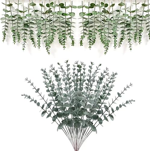 40 piezas de hojas de eucalipto artificiales con tallo de eucalipto, decoración de eucalipto sintético para centro de mesa de boda, flores, granja,