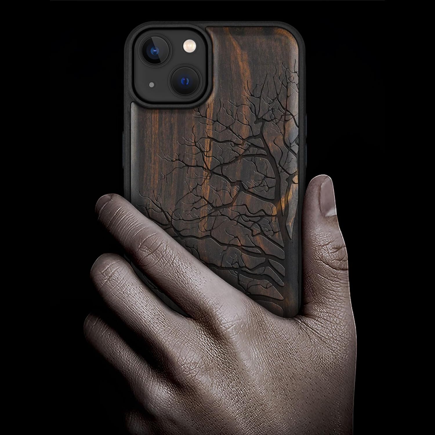 Carveit Magnetic Wooden Case for iPhone 15 Plus Case, Compatible with MagSafe Wireless Chargers, Black Soft TPU Shockproof Cover & Wood Artisan Engraved (Eternal Tree) - Blackwood