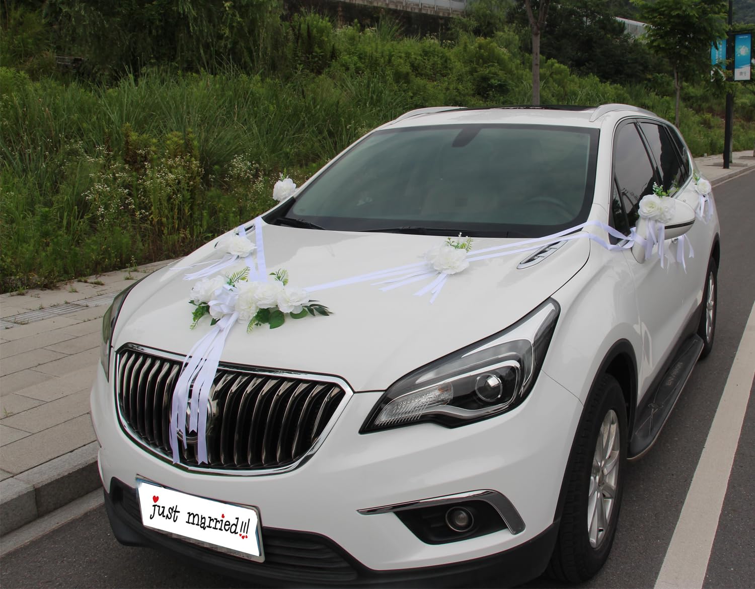 Chexin Ensemble de décoration de voiture de mariage Premium, roses blanches, capot mariée et marié