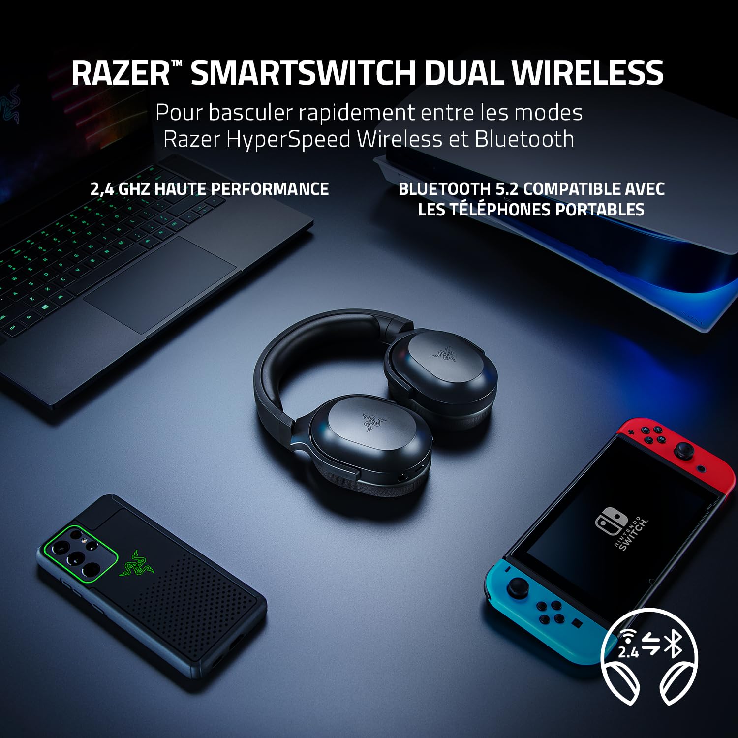 Razer Barracuda X - Casque Gaming sans Fil Multiplateforme (SmartSwitch Dual sans Fil, Design Ergonomique, TriForce 40mm, Microphone Cardioïde, Contrôles sur Casque, Batterie de 50h, USB-C) Noir