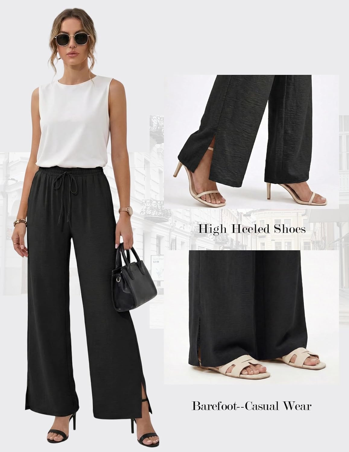 Womens Flowy Wide Leg Pants, 2026 Summer Beach Pants High Waist Drawstring Trousers Travel Vacation Outfits - Image 3