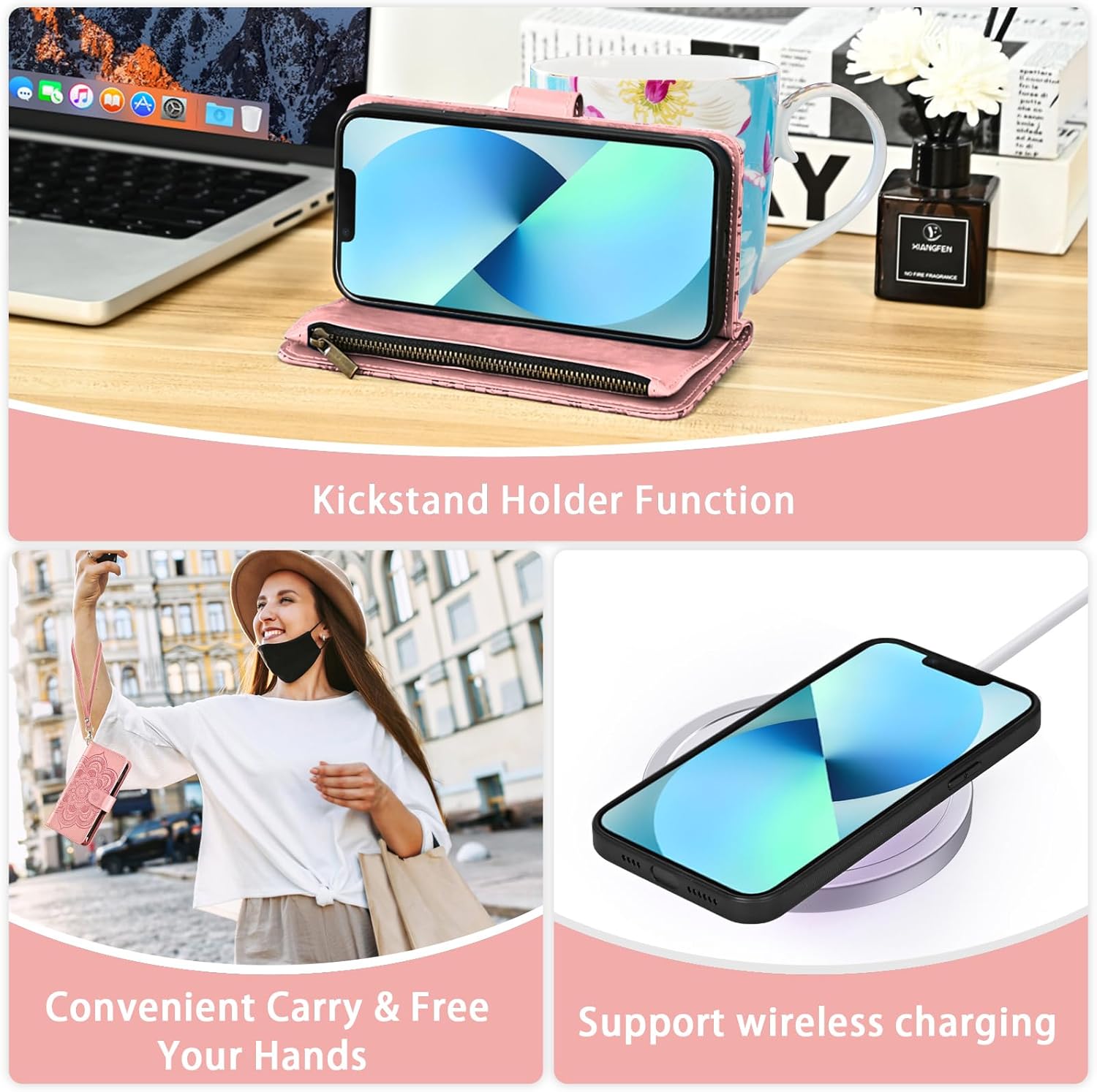 Asuwish Phone Case for iPhone 13 Mini 5.4 inch Zipper Wallet Cell Cover with Screen Protector Crossbody Strap Flower Card Holder iPhone13mini i-Phone 13minicase i iPhone13 13mini Women Girls Rose Gold