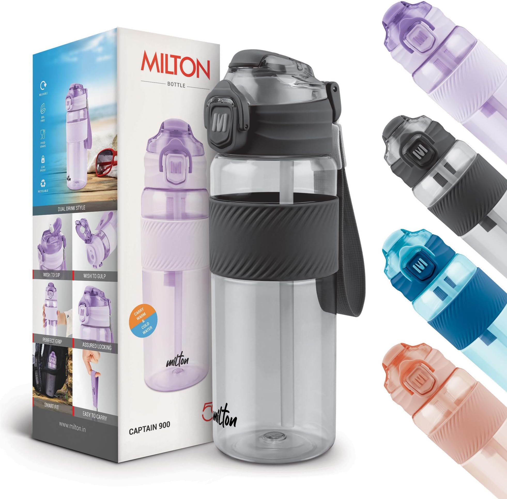 Milton Captain Unbreakable Plastic Water Bottle 850 ml – Sip Plus Gulp, BPA-Free & Leak-Proof, with Hand Strap, Ideal for Gym Workouts, Outdoor Adventures, School & Office – Durable & Convenient,Black