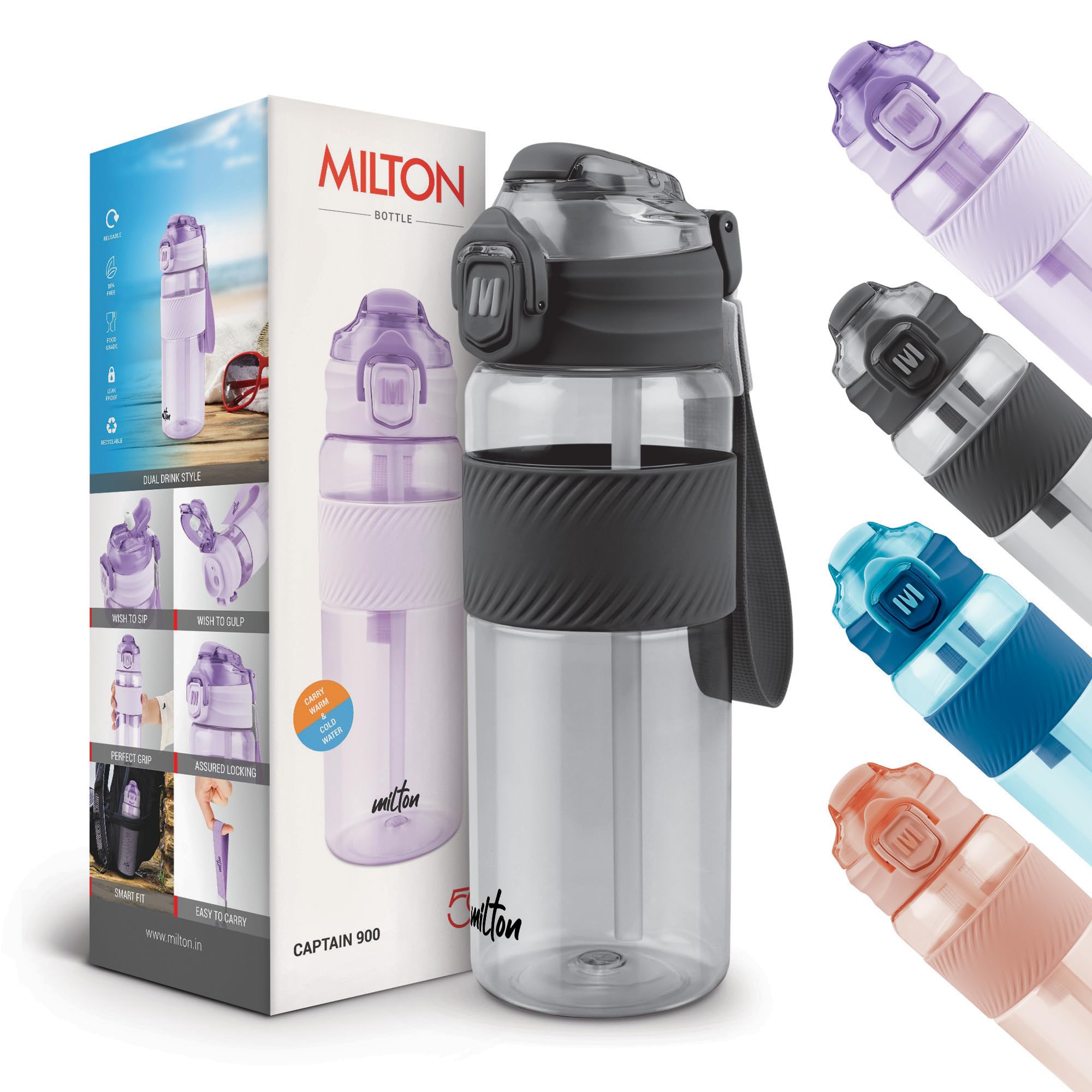 Milton Captain Unbreakable Plastic Water Bottle 850 ml – Sip Plus Gulp, BPA-Free & Leak-Proof, with Hand Strap, Ideal for Gym Workouts, Outdoor Adventures, School & Office – Durable & Convenient,Black