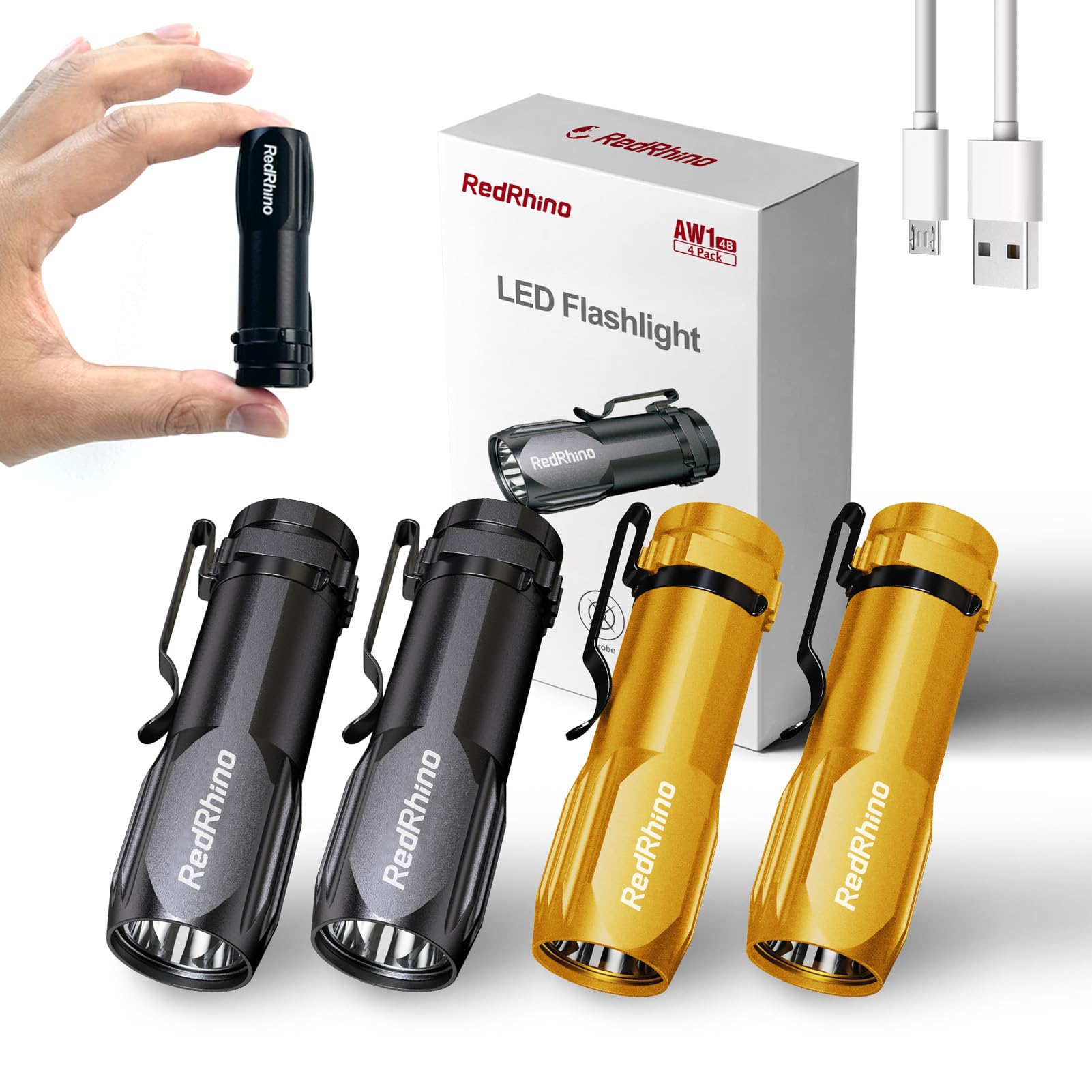 REDRHINO Small LED Flashlight 4 Pack, Rechargeable EDC Compact Pocket Lights, 400 Lumens Mini Flash Light with Clip, Bright Little Flashlights for