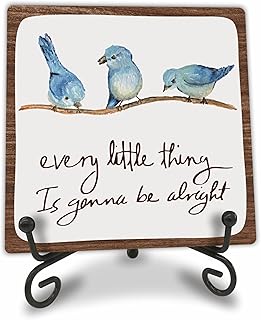 Every Little Thing Is Gonna Be Alright - 4" Wooden Sign With A Metal Support -Watercolor Adorable Birds, Positive Quotes Wooden Plaque Desk Decor, Uplifting Gifts, Home Decorations & Gifts
