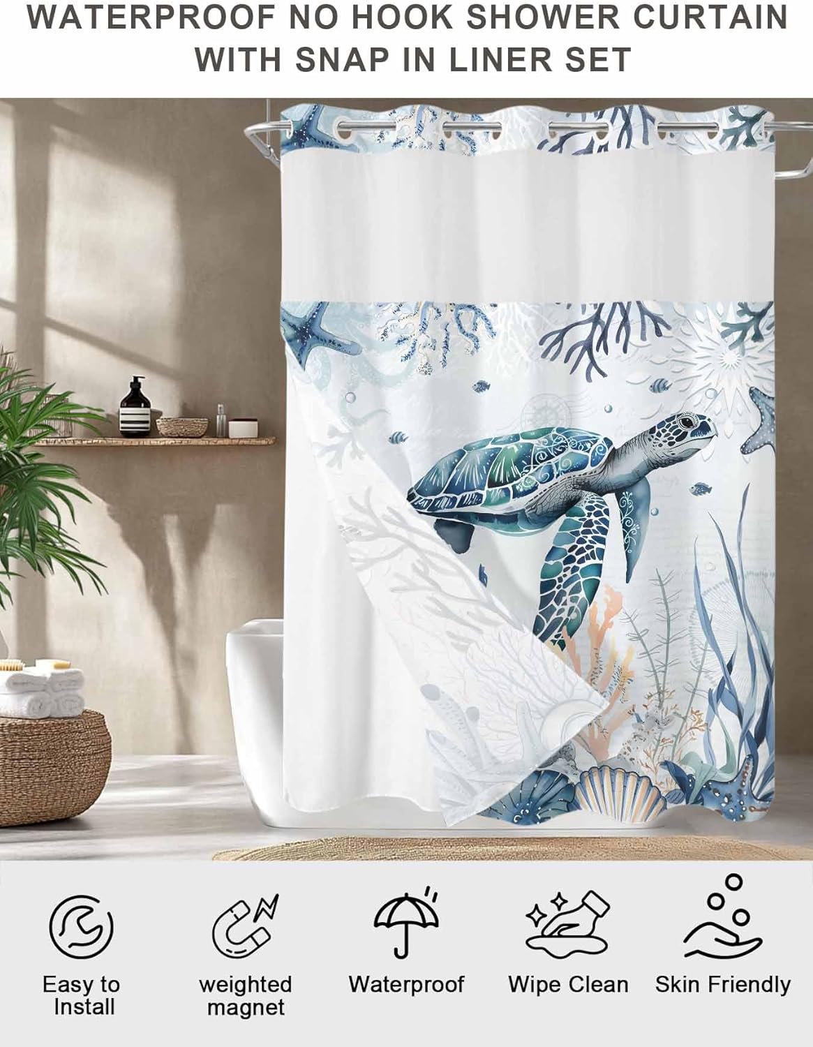 No Hook Shower Curtains with Snap in Liner, Blue Sea Turtle Waterproof Fabric Shower Curtain, Coastal Ocean Beach Coral Nautical Double Layers & See-Through Top Window Bathroom Curtains 72''x72''