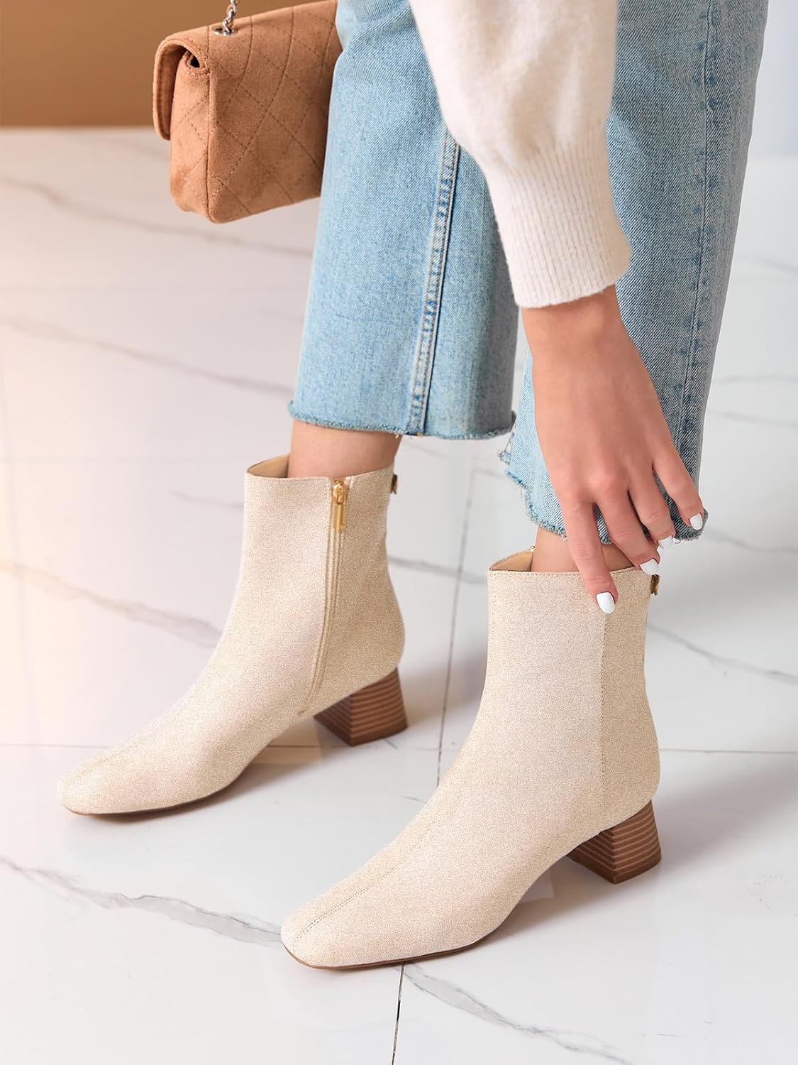 Coutgo Womens Ankle Boots Chunky Low Heel Square Toe Booties Side Zipper Winter Dress Shoes - Image 2