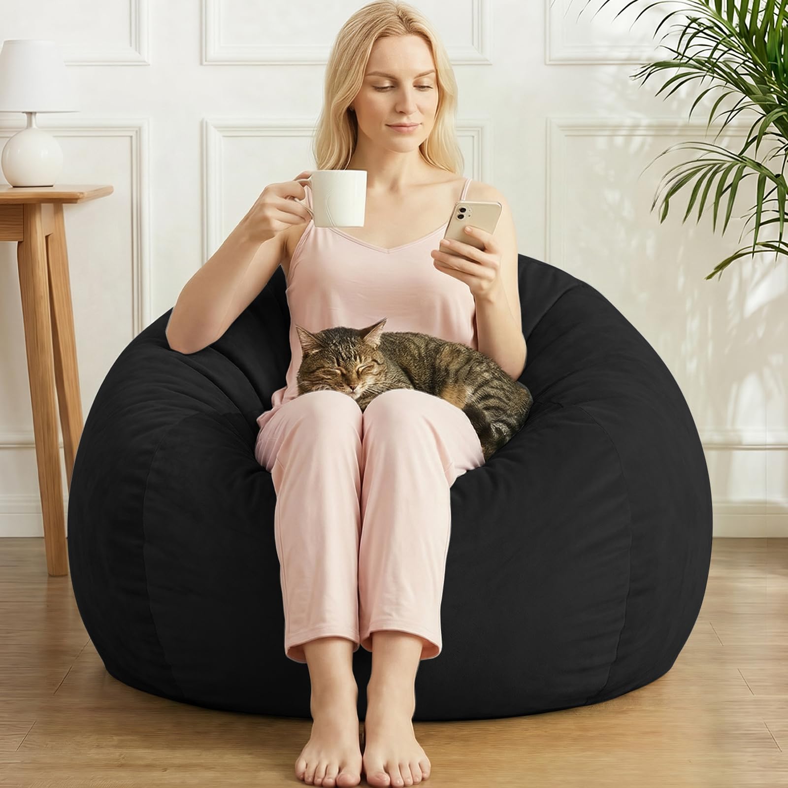 stuffed animal storage bean bag chair cover for adults (no filler), soft comfy velvet beanbag chair cover machine washable, adults bean bag chair with handle for living room bedroom, black