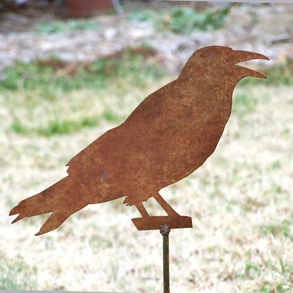 Crow garden stake - Rusted metal bird art - Raven flowerbed marker - Outdoor living accent - Crowing bird maker - Rustic steel crow