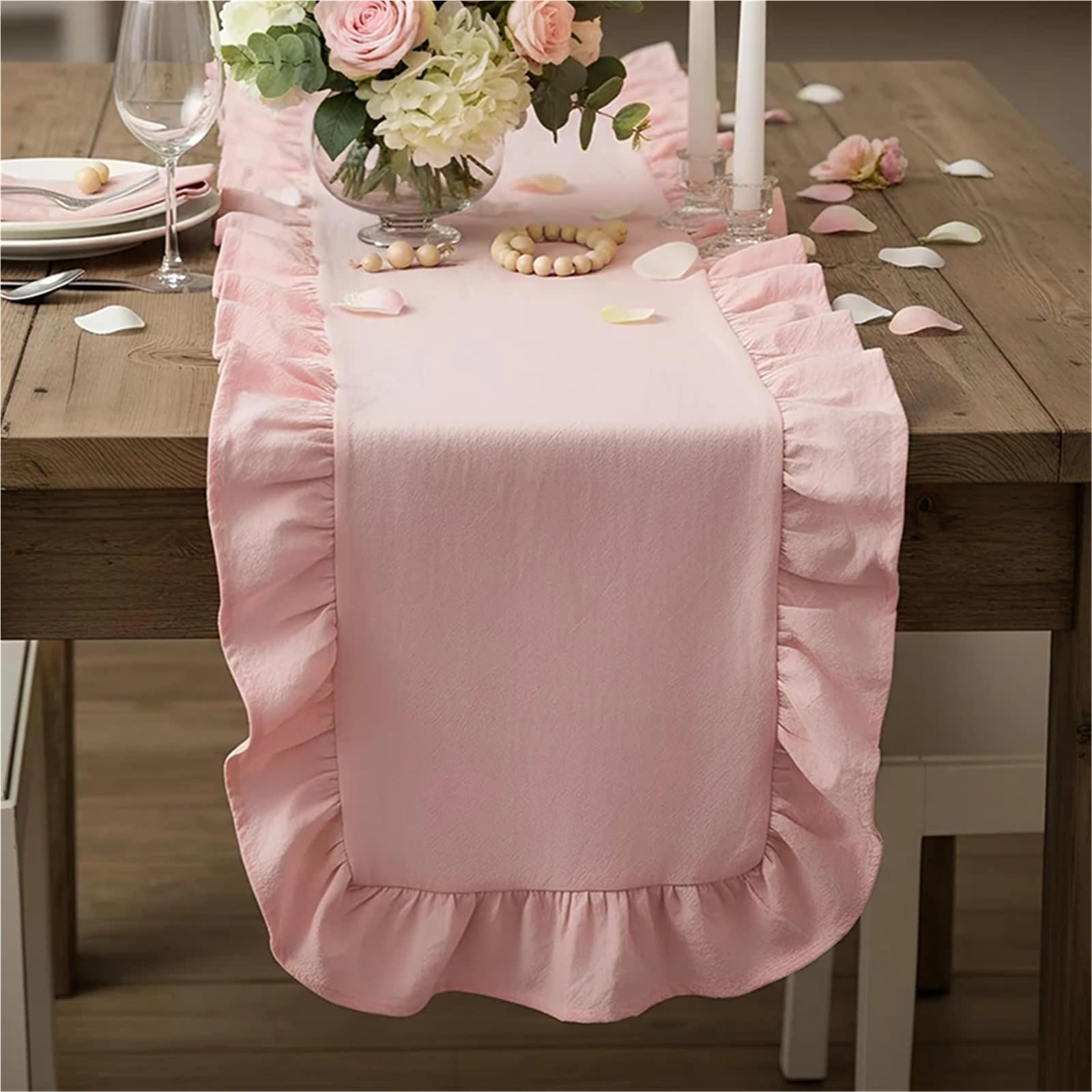 Camino de Mesa de Gasa Christmas Table Runner Washed Cotton Ruffled Home Decorations For Farmhouse Rustic Wedding Bride(Wine Red,35X160CM 1pc)