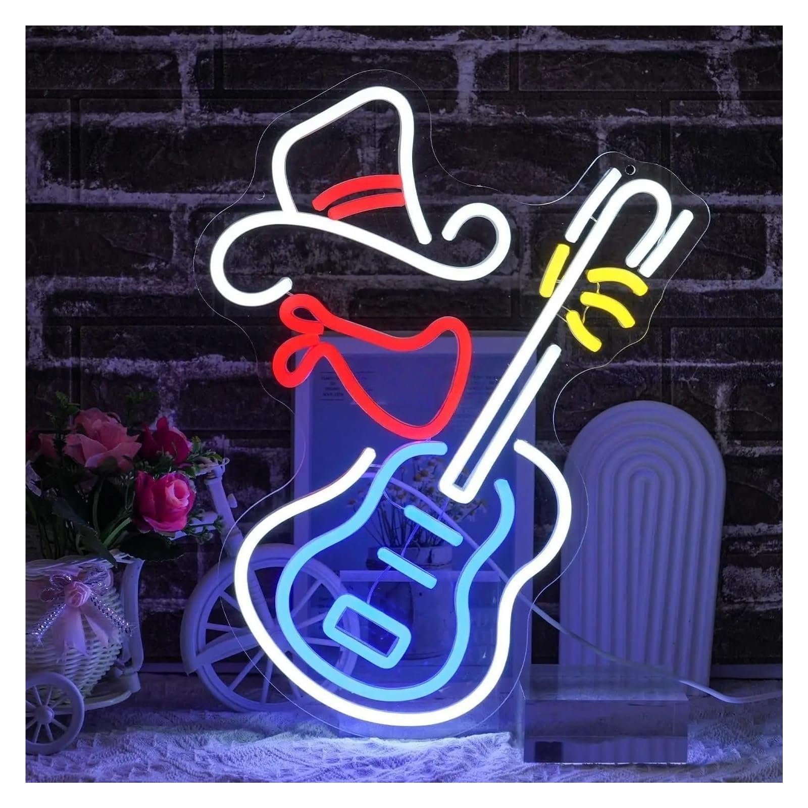 XENITE Hanging Art Neon Signs Cowboy Hat Neon Sign Guitar Music LED Light Dimmable USB Powered for Beer Bar Home Pub Shop Party Wall Art Decor 29.86cmx38cm