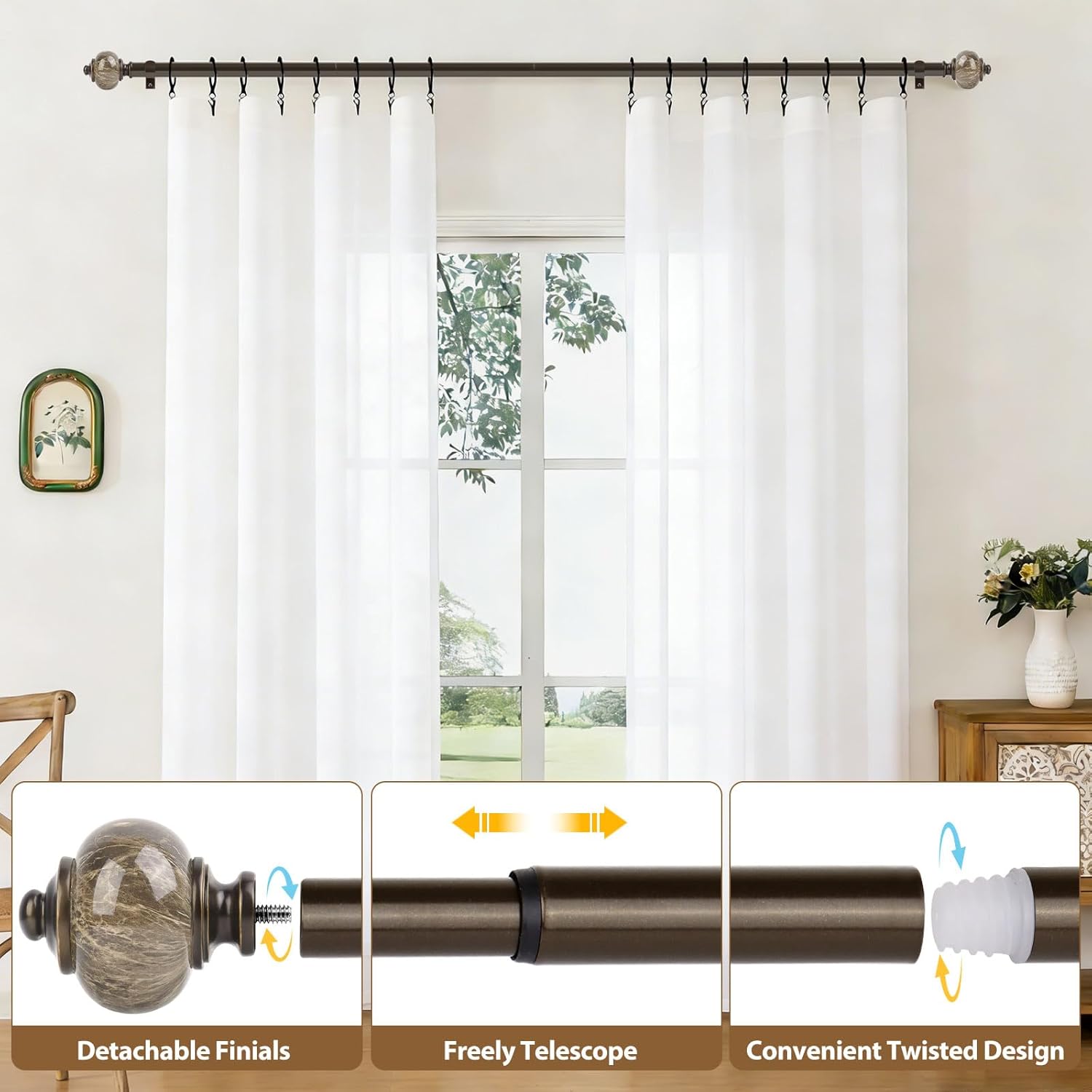 KAMANINA 1 Inch Curtain Rods for Windows 66 to 120 Inches Bronze Heavy Duty Curtain 32 to 120 (2.6-10ft), Adjustable Long Drapery Rods with Marbled Finials