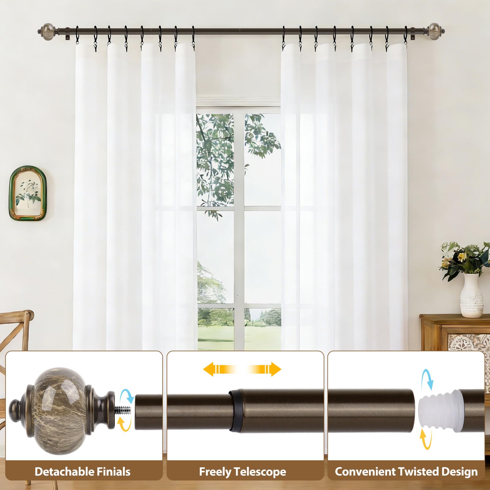 KAMANINA Curtain Rods For Windows 66 To 120, 1 Inch Decorative Silver ...