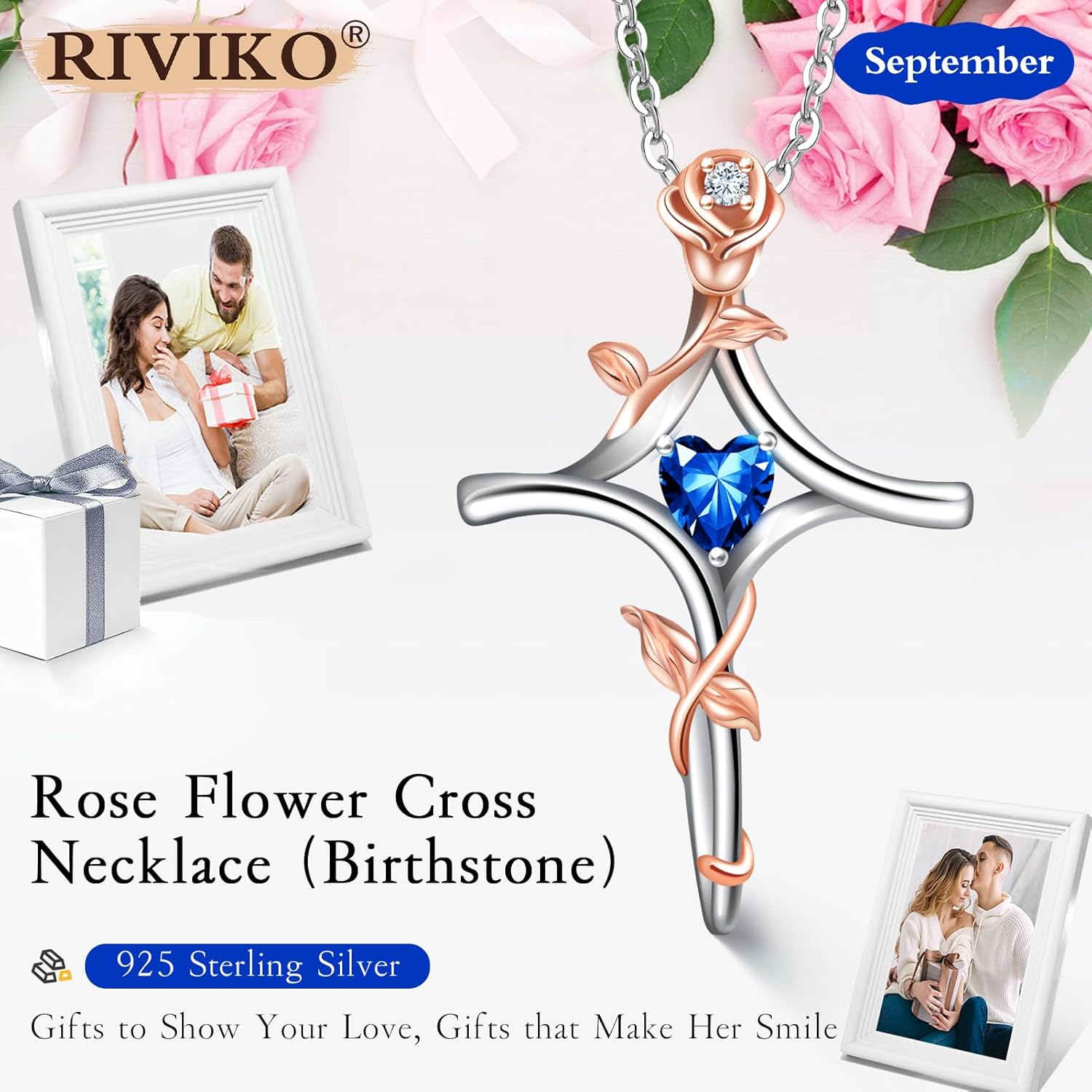 RIVIKO Rose Flower Cross Necklace for Women,925 Sterling Silver Birthstone Necklaces Heart Pendant,Cross Jewelry Anniversary Birthday Gifts for Women Wife Mom Lady - Image 2