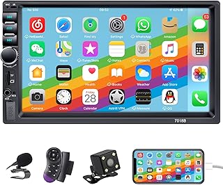 Double Din Car Stereo with Backup Camera, 7 Inch Touchscreen Car Radio Bluetooth Support Mirror Link, Hands Free Call/FM/TF/USB/EQ/Aux, Multimedia Car Audio with Steering Wheel Remote/Fast Charging