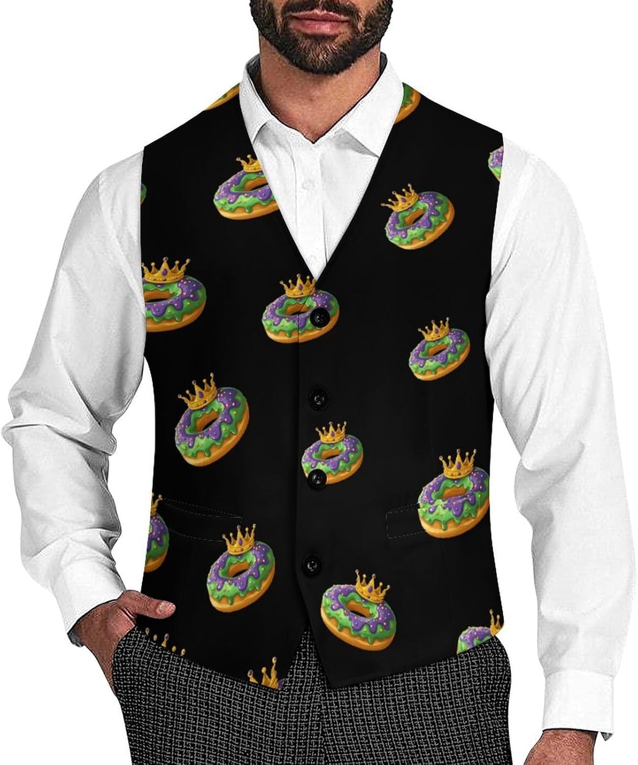 Mardi And Gras Donut Casual Men's Business Suit Vest Slim Fit Formal Dress Waistcoat Vests
