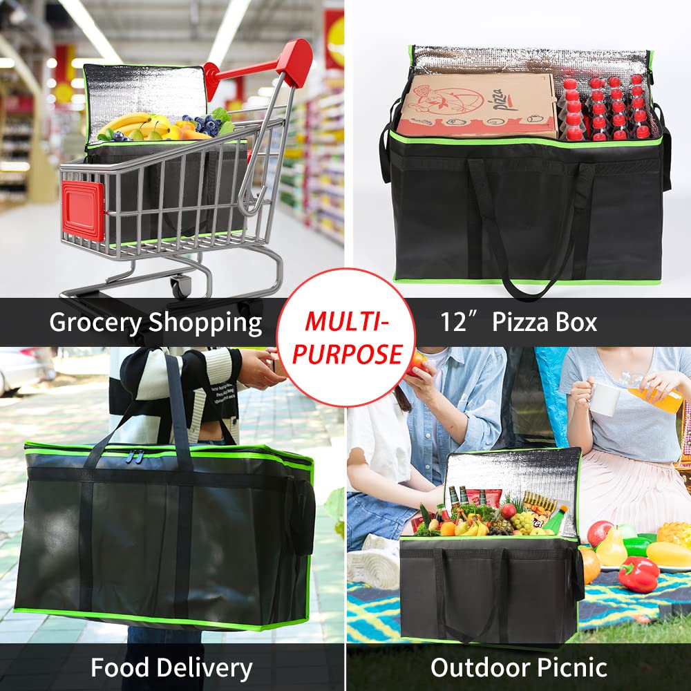 1-Pack Insulated Food Delivery Bag, XXX-Large Commercial Food Warmer for Delivery Drivers, Insulated Reusable Grocery Cooler/Hot Bags, Tote Bag for Shopping/Travel, Black with Green Edge image 5