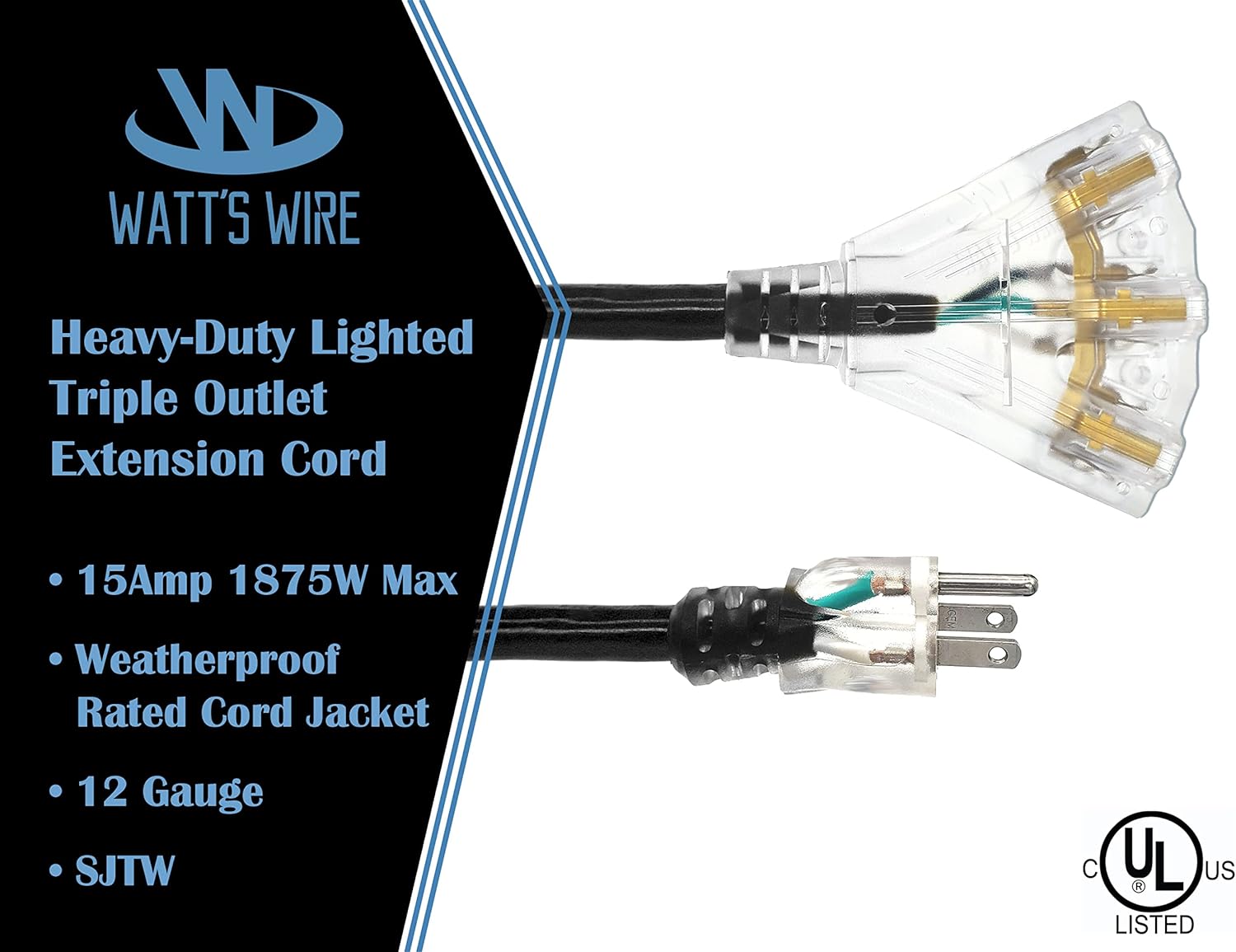 25 ft Outdoor Extension Cord Waterproof - 12 Gauge Heavy Duty Extension Cord 25 ft - Lighted Outdoor Extension Cords with Multiple Outlets - Watts Wire - 25' Grounded - extensiones electricas