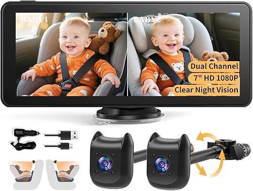 Monitor de bebé con doble cámara para automóvil con pantalla dividida de 6.9 pulgadas, cámara de asiento de automóvil HD 1080P para 2 niños con