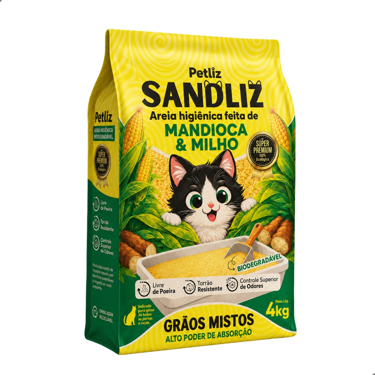Areia Sanitária Higiênica Natural Premium Mista de Milho e Mandioca Gatos Sandliz Petliz