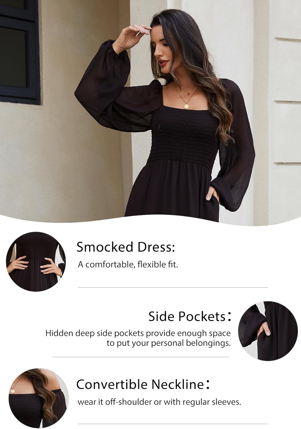 Boho Maxi Dresses for Women 2025 Long Sheer Sleeve Smocked Square Neck Chiffon Tiered Flowy Wedding Guest Fall Dress - Image 6