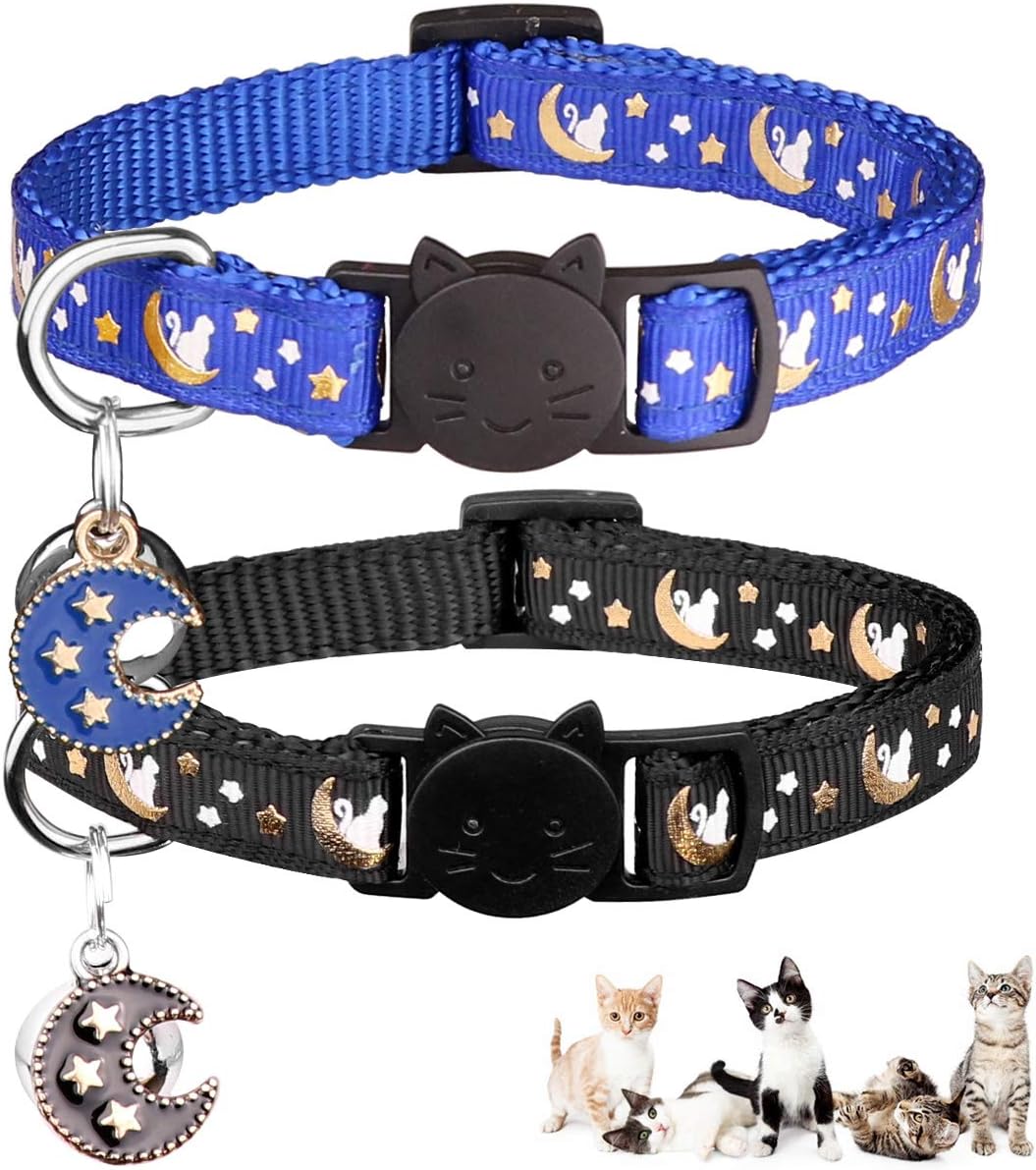 Baeuppit 2Pcs Breakaway Cats Collars Cat Collars for Boy & Girl Cats Adjustable Kitten Collars with Bell,Black+Blue,8"-13.1"
