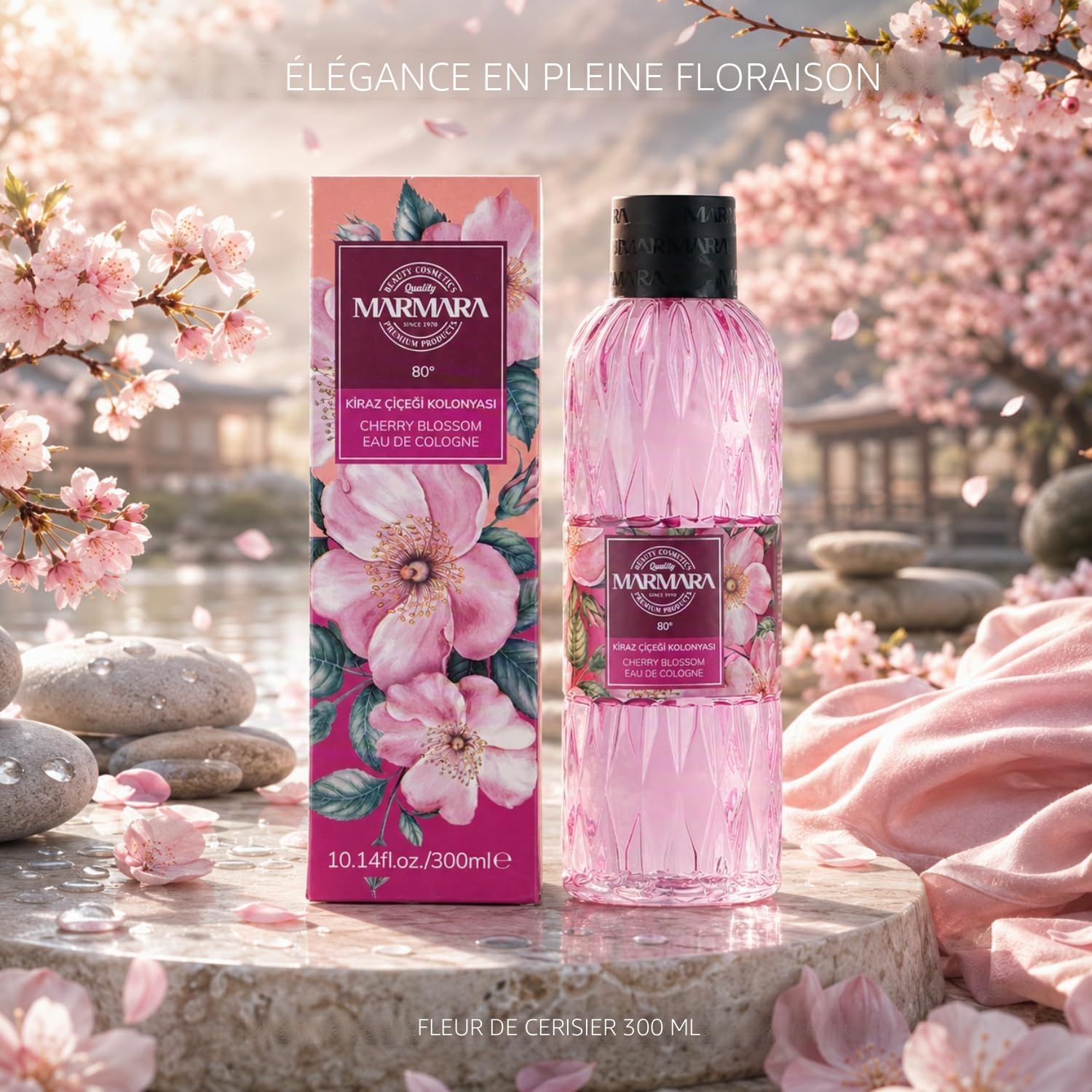 MARMARA BEAUTY Eau de Cologne Fleurs de cerisier 300 ml – Alcool 80° – Parfum rafraîchissant pour femme – Eau parfumée pour femme – Rafraîchit – Fraîcheur & Fleuri – EDC Women – Eau de Cologne