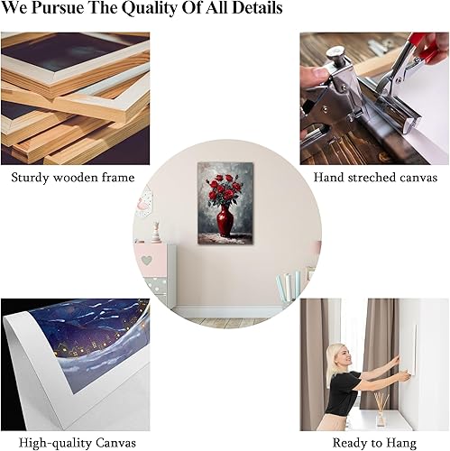 Miniatura 6 de Hzddty Lienzo de flores de rosas rojas, arte para pared, diseño clásico de naturaleza muerta, pintura floral para paredes, cuadros vintage de baño,