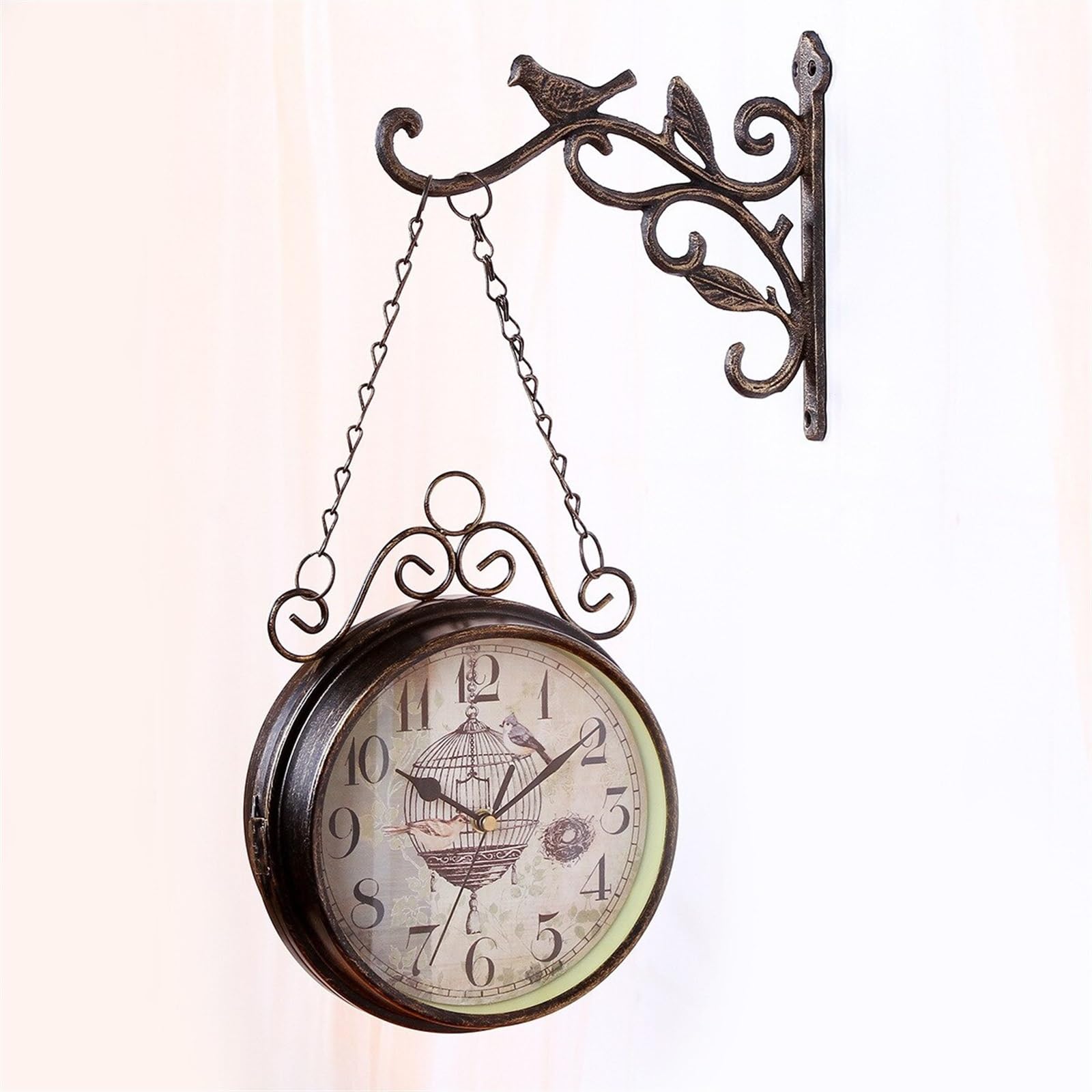 MYUYEE Antique Outdoor Garden Wall Station Metal Clock Double Sided Bird Round Wall Mount Hanging Home Wall Living Room Large