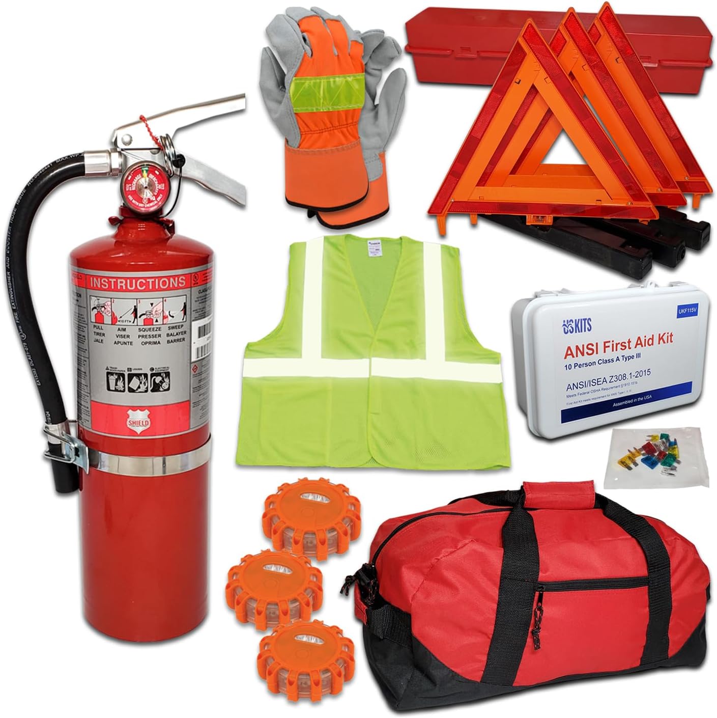 DOT OSHA Compliant Kit with 5lb FE, Hi-Viz Vest with Gloves and 3 LED Flares