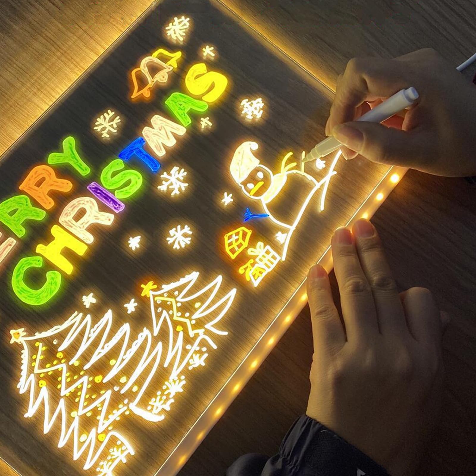 Joycabin Akrylowa tablica na notatki LED, 30 x 20 cm, z pisakiem w 12 kolorach, tablica z diodami LED, tablica do pisania z regulowanym stojakiem, naklejka transferowa, zmywalna