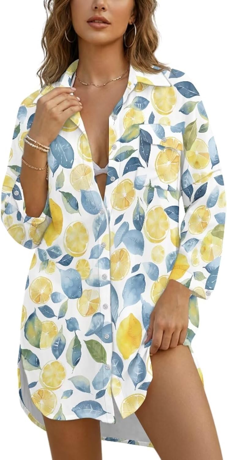 Womens Beach Cover Up Button Down Shirts Summer Tops Long Sleeve Bikini Swimsuit Coverups 2026
