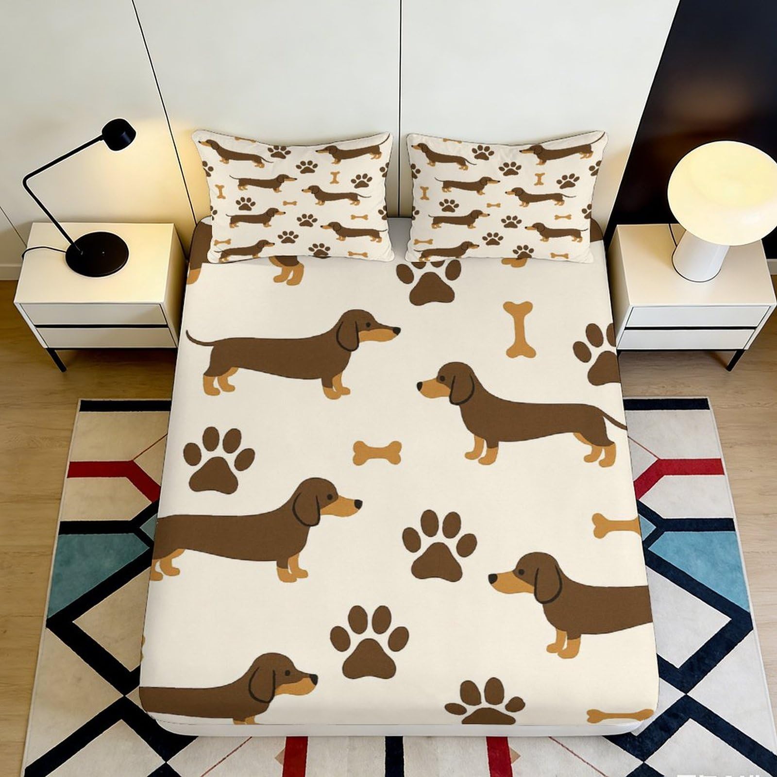 3D Printed Dachshund Dog Fitted Sheet Microfiber Soft Breathable Paw Pattern Mattress Cover for Bedroom Guest Room Decor 120x200x25cm