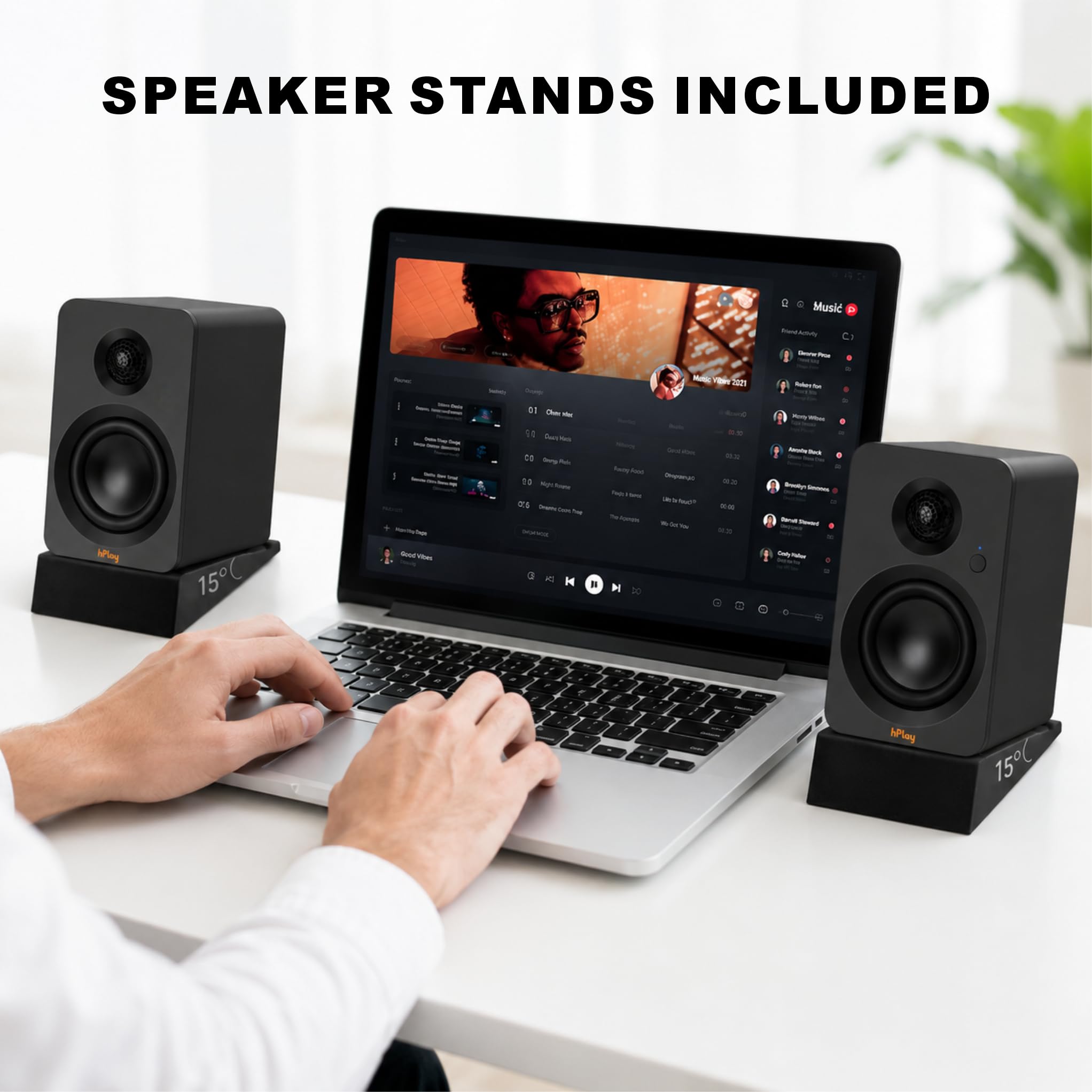 hPlay Enceintes Actives BS32B, 60W RMS, pour PC, avec Bluetooth 5.3, Connexion USB-C Plug & Play, Carte Son, Sortie subwoofer, télécommande et Design Compact – Noir